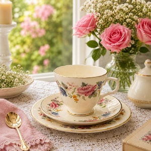 Könnte beinhalten: Ein cremefarbenes Porzellan-Teeservice mit einem zarten Blumenmuster aus rosa Rosen, blauen Blüten und gelben Akzenten, verziert mit einem Goldrand. Das Set steht auf einer weißen Spitzentischdecke, begleitet von einem goldenen Teelöffel.