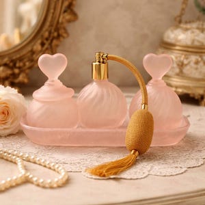 May include: A vintage-style perfume set in soft pink, featuring three bottles with heart-shaped stoppers and a central atomizer. The set includes a matching tray and a gold-colored atomizer bulb with a tassel. The bottles have a swirled design.
