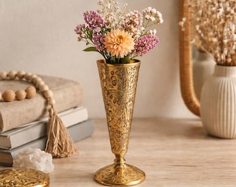 Vintage Messing Vase 15 cm, handgraviert Floral geätzt, Boho Wohnkultur