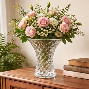 Vintage Cut Glass Flared Trumpet Vase, Diamond Pattern, Starburst Base, Heavy Centrepiece