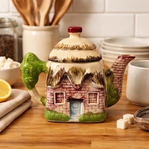 Vintage Cottageware Teapot, Hand-Painted Ceramic Cottage, Japan, Mid-Century