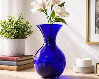 Jarrón de cristal artístico azul cobalto vintage, silueta de reloj de arena hecha a mano, decoración minimalista para el hogar.