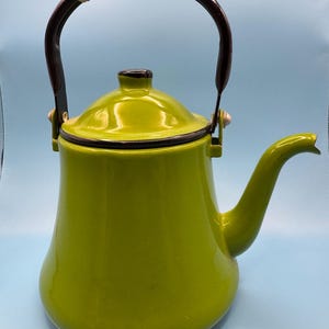 Vintage Green Enamel Kettle with Cane Handle, Mid-Century Retro Kitchen Decor, Scandinavian Style