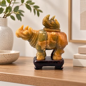 Vintage Carved Stone Rhinoceros Figurine, Honey Green Rhino with Wooden Stand