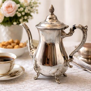 Cafetera vintage Viners plateada, estilo neorrococó.