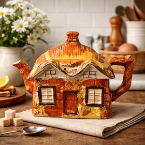 Tetera vintage Price Bros Cottage Ware, con techo de paja, cerámica inglesa.