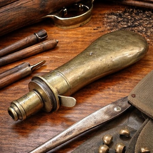 Frasco de pólvora de latón antiguo Hawksley Sheffield, medidor de pólvora negra del siglo XIX, accesorio para arma de avancarga