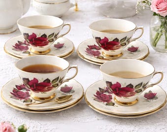 Vintage Colclough & Royal Vale Tea Trio Set | English Bone China, Crimson Roses