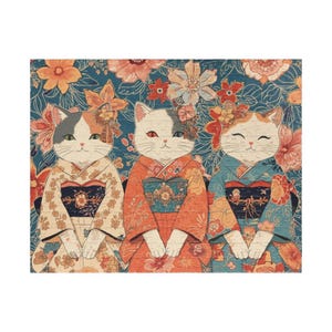 Kimono Cats Puzzle – Elegant Japanese Floral Cat Jigsaw Puzzle, Cute Kimono Cat Art, 252/520 Piece Puzzle, Gift for Cat Lovers