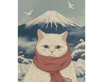 May include: A jigsaw puzzle featuring a white cat wearing a red scarf, set against a backdrop of a snow-covered mountain and two flying birds. The puzzle has a blue and white color scheme, with a Japanese art style.