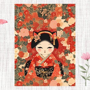 Puede incluir: Ilustración de una muñeca japonesa con kimono rojo, rodeada de un fondo floral. La muñeca tiene cabello negro con accesorios florales y una expresión serena. Una mariposa rosa y flores están en la imagen.