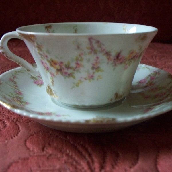Vintage Haviland Limoges Cup and Saucer White with Pink and Yellow Roses and Gold Trim