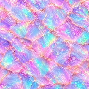 May include: A pattern of iridescent, crystalline rock fragments in shades of vibrant pink, purple, and cyan. The jagged, translucent stones feature a reflective, holographic sheen with thin, gold-toned veins separating each individual piece.