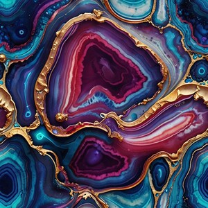 Puede incluir: Imagen abstracta de un patrón de geoda con capas arremolinadas de tonos azules, morados y rojos. El diseño presenta bordes dorados y ornamentados que delinean las formaciones de geodas. El efecto general es una apariencia vibrante, similar a una gema.