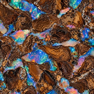 May include: A mosaic of dark brown ironstone matrix embedded with vibrant, iridescent opal fragments. The surface displays a complex pattern of jagged, earthy brown rock segments interspersed with flashes of bright blue, green, and pink.