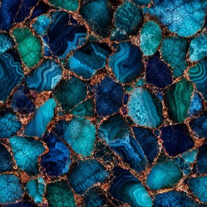 May include: A seamless pattern featuring a mosaic of polished agate slices in shades of deep navy, teal, and bright turquoise. The irregular stone segments are outlined with a metallic copper-colored veining that creates a grid-like effect.