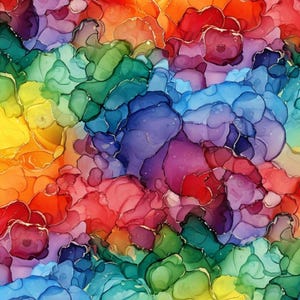 May include: Abstract artwork featuring a vibrant blend of colors, including yellow, orange, red, green, blue, and purple. The design has a fluid, organic appearance with gold accents, creating a dynamic and visually appealing composition. The artwork is suitable for various decorative applications.