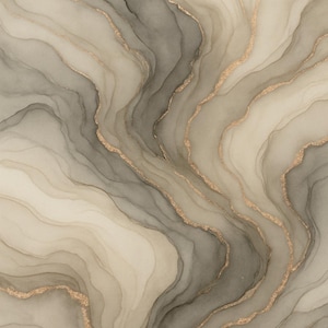 May include: Abstract art print featuring flowing, layered patterns in shades of gray, beige, and cream. Thin gold lines accent the design, creating a marbled effect. The artwork has a modern, elegant aesthetic.