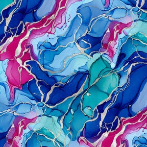 Op de afbeelding: Abstracte kunstprint met een levendige kleurenmix. Het ontwerp toont vloeiende blauwtinten, turkoois en roze, geaccentueerd met zilveren metallic lijnen. De vloeiende vormen creëren een dynamische en moderne esthetiek.