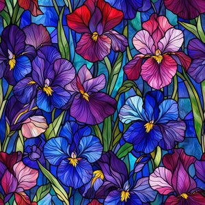 Stained Glass Iris Water Transfer Paper for Polymer Clay – Bold Blue, Purple Floral Pattern Sheet