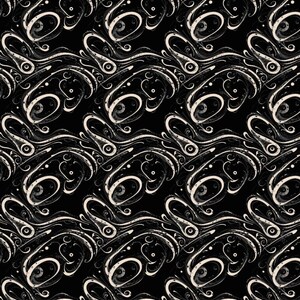 Może przedstawiać: Powtarzający się wzór wirujących, abstrakcyjnych kształtów w kolorze złamanej bieli na czarnym tle. Projekt zawiera formy przypominające oczy i płynne linie, tworząc dynamiczną i artystyczną teksturę wizualną. Ogólna estetyka przypomina styl vintage lub gotycki.