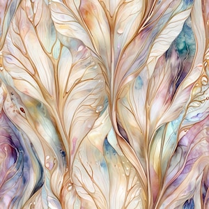 May include: An abstract, watercolor-style pattern featuring stylized leaves in soft, muted tones. The design incorporates shades of white, beige, gold, and hints of blue, purple, and pink, creating a delicate and ethereal aesthetic. The leaves have intricate vein details.