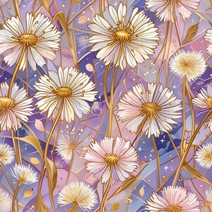 May include: A repeating pattern of stylized white and gold flowers with yellow centers against a background of purple, blue, and gold. The floral design includes detailed petals and stems, creating a delicate and elegant aesthetic.