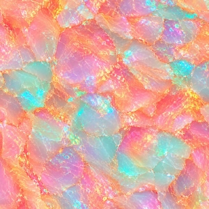 May include: A close-up view of a crystalline surface featuring a mosaic of jagged, translucent mineral fragments. The stones display a vibrant gradient of iridescent pink, peach, and soft turquoise hues with reflective, shimmering light refractions.