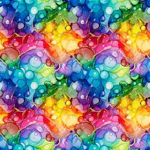 Op de afbeelding: Een levendig, abstract patroon met een naadloze herhaling van kleurrijke, organische vormen. Het ontwerp toont een spectrum aan tinten, waaronder blauw, groen, geel, oranje en roze, met gouden accenten. Het algehele effect is vloeiend en artistiek.