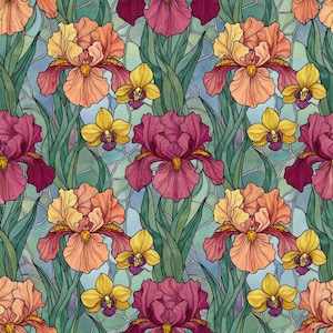 Könnte beinhalten: Ein sich wiederholendes Muster mit Iris und Orchideen in Orange, Gelb und Magenta. Das Design umfasst grüne Blätter vor einem blauen Hintergrund, wodurch ein Glasmalerei-Effekt entsteht. Das Blumenmuster ist ein sich wiederholendes Design.
