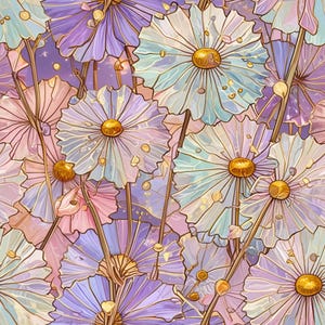 May include: An artistic illustration of a floral pattern featuring large, stylized flowers in shades of purple, pink, and blue. The flowers have golden centers and delicate, detailed petals, with a soft, dreamy aesthetic.