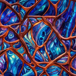 May include: Abstract artwork featuring a network of brown, organic-looking lines overlaying a vibrant, stained-glass style background. The background is a blend of blues, purples, and hints of gold, creating a dynamic and colorful composition.