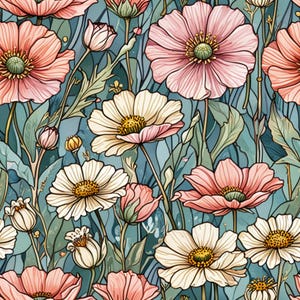 Op de afbeelding: Een bloemenpatroon met gestileerde bloemen in roze, perzik en crème tegen een teal achtergrond. Het ontwerp bevat verschillende bloemsoorten, knoppen en groene bladeren, waardoor een botanisch thema ontstaat. Het kunstwerk heeft een vintage, artistieke stijl.