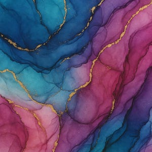 Può includere: Opera d'arte astratta con strati fluidi di blu, verde acqua, viola e rosa. Vene dorate attraversano il design, creando un effetto marmorizzato. L'immagine ha un aspetto acquerello o inchiostro, con una finitura liscia e lucida.