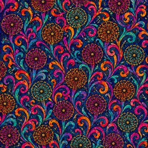May include: A colourful, repeating pattern with stylized floral and swirling vine designs. The design features a rich palette of deep blue, orange, pink, purple, and teal. The floral elements have a textured, almost speckled appearance, creating a visually dynamic textile.