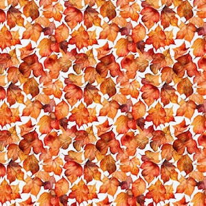 Op de afbeelding: Een herhalend patroon van herfstbladeren in tinten oranje, rood en bruin tegen een witte achtergrond. De bladeren zijn gedetailleerd met zichtbare nerven en verschillende vormen, wat een gestructureerd, seizoensgebonden ontwerp creëert.