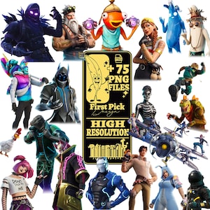 Puede incluir: Una colección de archivos PNG de personajes de Fortnite. La imagen incluye personajes como Raven, Fishstick y Skull Trooper. Un gráfico central dice "+75 PNG FILES" y "HIGH RESOLUTION".