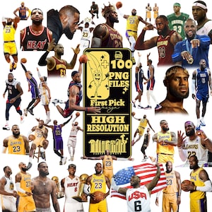 Könnte beinhalten: Eine Collage von Bildern mit einem Basketballspieler in verschiedenen Uniformen, darunter die Lakers, Heat und USA. Die Bilder sind hochauflösende PNG-Dateien. Die Collage enthält den Text "+100 PNG FILES" und "HIGH RESOLUTION".