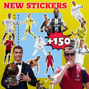 May include: A collection of stickers featuring Cristiano Ronaldo in various poses and uniforms. The stickers are arranged on a light blue background with the text "NEW STICKERS" at the top and "+150" in a red burst.