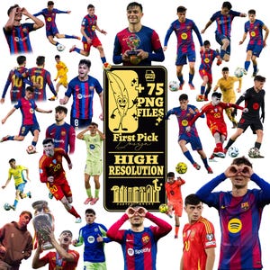 May include: A collection of PNG files featuring soccer players in various poses, wearing team jerseys. The image includes the text "+75 PNG FILES", "First Pick Design", and "HIGH RESOLUTION".