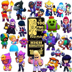 May include: A collection of colorful cartoon character PNG files. The image includes various characters with unique designs, such as a crow, a cactus, and a robot. The image also contains the text "+100 PNG FILES" and "HIGH RESOLUTION".