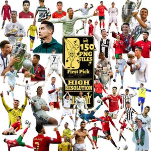 May include: A collage of images featuring a soccer player in various poses and uniforms. The images include action shots, portraits, and images with trophies. A graphic with the text "150 PNG FILES" is also present.