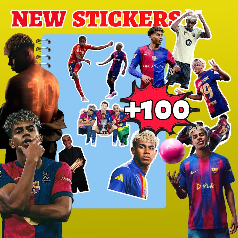 K&ouml;nnte beinhalten: Eine Sammlung von Aufklebern mit einem Fu&szlig;ballspieler in verschiedenen Posen und Uniformen. Die Aufkleber sind auf einem hellblauen Hintergrund angeordnet, mit dem Text "NEW STICKERS" oben. Eine rote Grafik zeigt "+100".