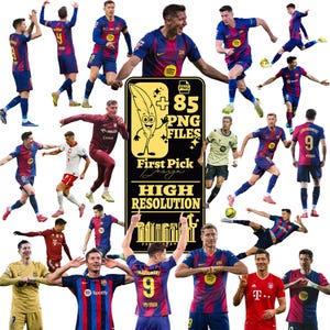 May include: A collage of soccer players in various poses, wearing team jerseys in red, blue, and yellow. A black and gold graphic with the text "+85 PNG FILES" and "HIGH RESOLUTION" is in the center.