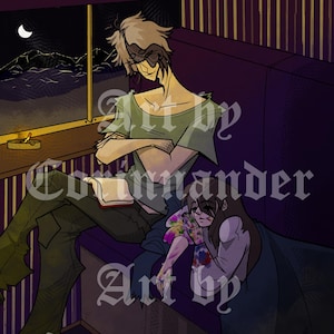 以下が含まれることがあります： 薄暗い環境にいる2人の人物のデジタルイラスト。緑色のシャツと濃い色のズボンを着た人物が本を読んでいます。別の人物は、青い毛布に包まれて眠っています。ブリーフケースが床にあります。「Art by Corinnander」というテキストが表示されます。