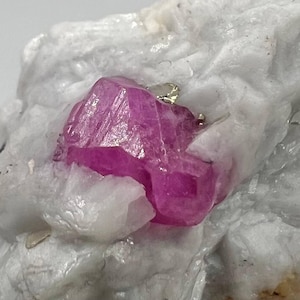 May include: A close-up of a vibrant pink ruby crystal formation set in a matrix of white and gray minerals. The ruby is the focal point, with a faceted, crystalline structure. Small flecks of gold are also visible.