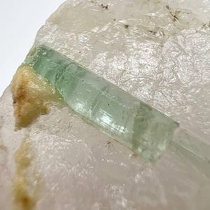 May include: A translucent, pale green, elongated hexagonal crystal prism embedded in a rough, off-white, textured mineral matrix. The crystal displays distinct vertical striations along its length and a smooth, glassy surface texture.