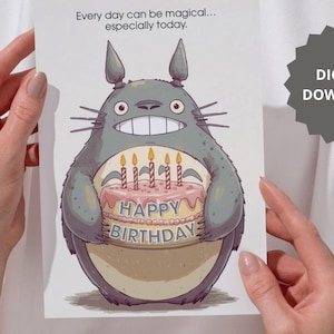 Magical Birthday Card I Totoro Inspired Forest Friend with Cake I Studio Ghibli Style Illustration I Cute Greeting I Kawaii Birthday Card