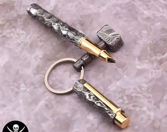 手鍛造ダマスカス鋼万年筆、アッシュウッドギフトボックス付き