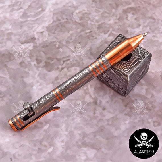 Hand-Forged Damascus Pen & Matching Stand | Copper Accents Luxury Executive Ballpoint | Holiday Christmas Gift for Him, 